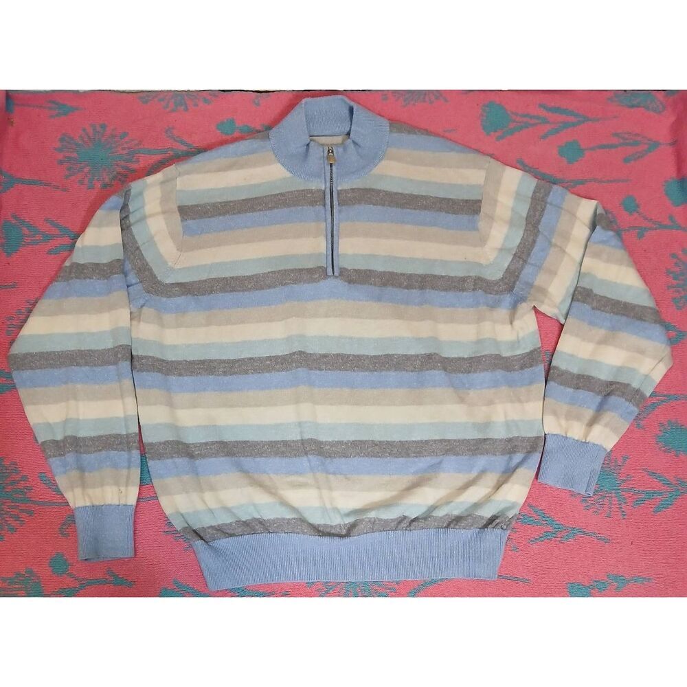 Men large wool linen sweater all 4 seasons blue cream mockneck 1/4 zip pullover